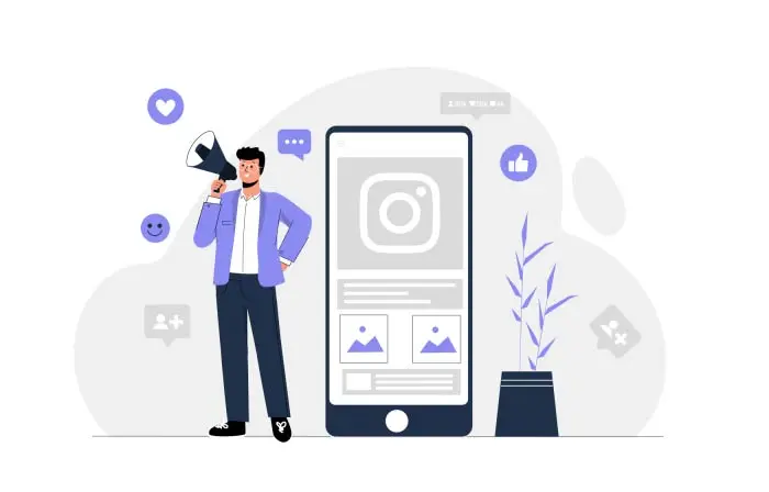 Man with Megaphone Engaging Instagram Audience Visual Vector Illustration